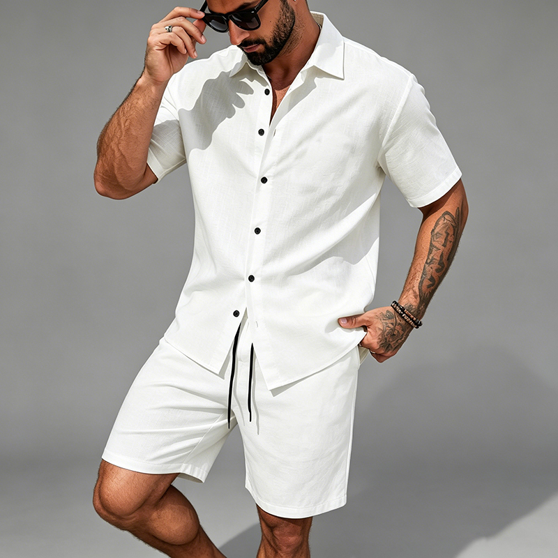 Men Linen Two Piece Outfit Sho - Short Linen Drawstring recensione e prezzo