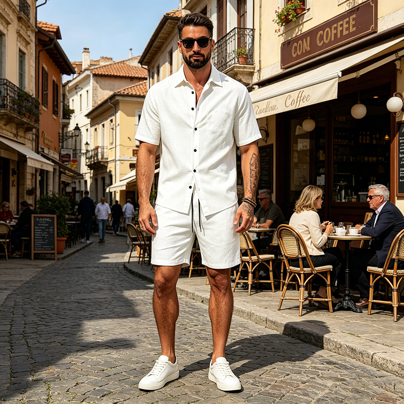 Men Linen Two Piece Outfit Sho - Short Linen Drawstring recensione e prezzo